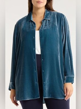 Soft Surroundings Teal Velvet Boyfriend Tunic Shirt Button Front XL